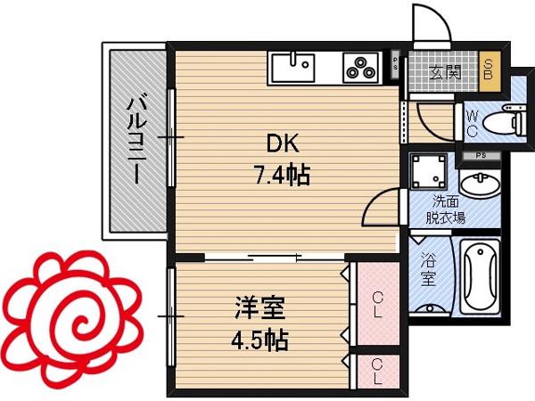 クリエオーレ鴻池徳庵町(1DK/1階)の間取り写真