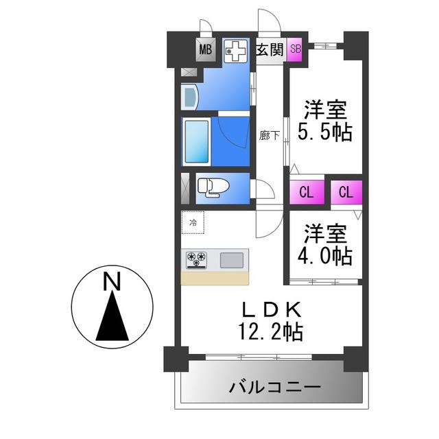 ヴィルヌーブエスケーエイチ(2LDK/3階)の間取り写真