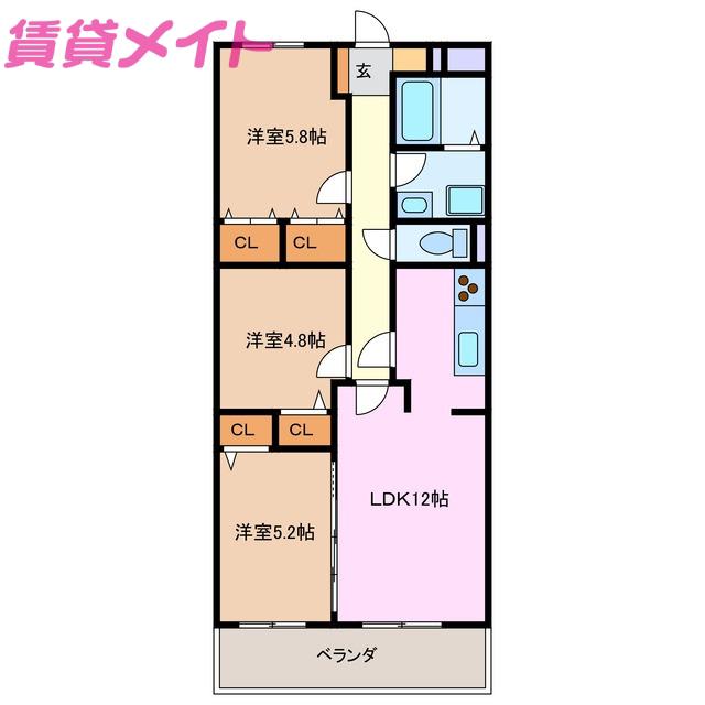 ダイヤモンドシャワー(3LDK/3階)の間取り写真