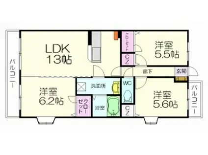アムール空港南(3LDK/3階)の間取り写真