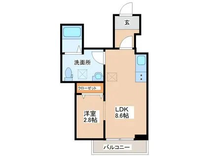 メリディアン多賀城南宮 弐番館(1LDK/1階)の間取り写真