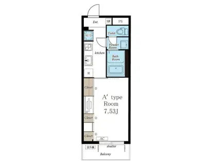 リブリ・シャングリラ勝田台北(1K/2階)の間取り写真