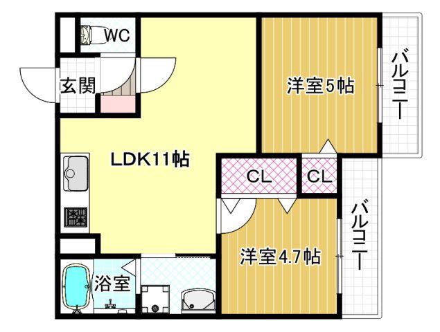 クリエオーレ大正(2LDK/2階)の間取り写真