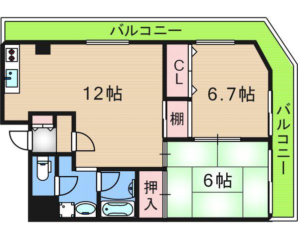 天下茶屋ガーデンハイツ(2LDK/2階)の間取り写真