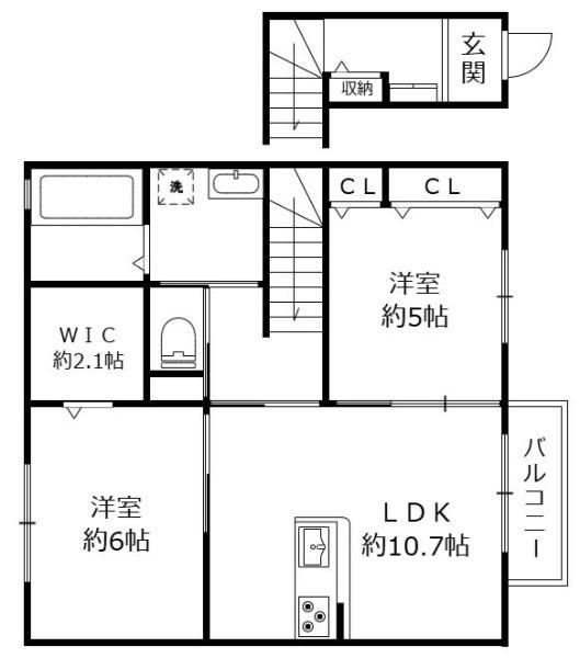 フェリシオン高野 B棟(2LDK/2階)の間取り写真