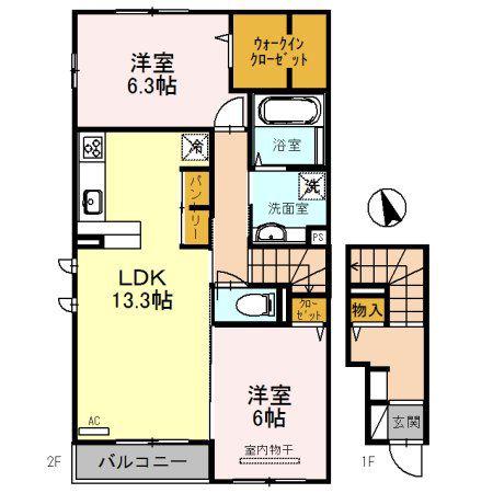 ディアコートK(2LDK/2階)の間取り写真