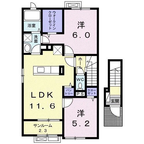 オリオン リヴィエール B(2LDK/2階)の間取り写真
