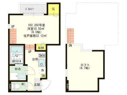 ハーモニーテラス唐原V(1K/2階)の間取り写真