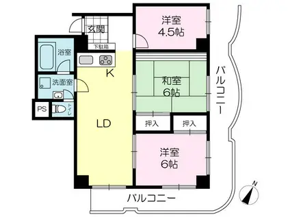 手柄コーポ1号館10B(3LDK/10階)の間取り写真
