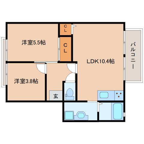 ブリーズ大安寺B(2LDK/2階)の間取り写真