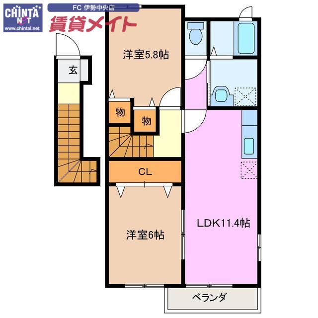 ジャン・ボヌール II(2LDK/2階)の間取り写真