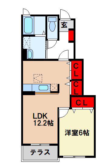 ビスターリアB棟(1LDK/1階)の間取り写真
