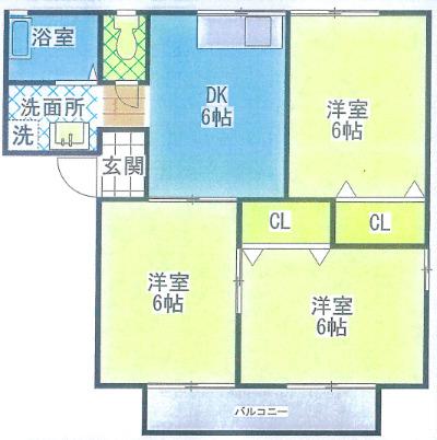 フレマリール六高台B(3DK/2階)の間取り写真