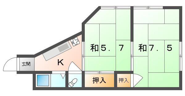 エアロプレーン春日(2K/2階)の間取り写真