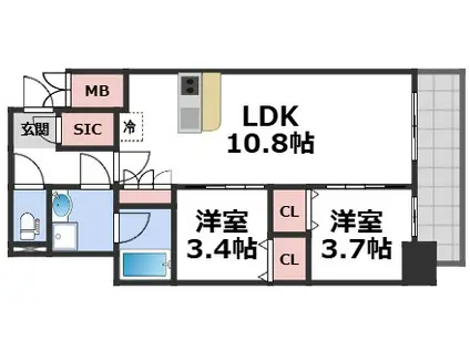 スプランディッド弁天町DUE(2LDK/4階)の間取り写真