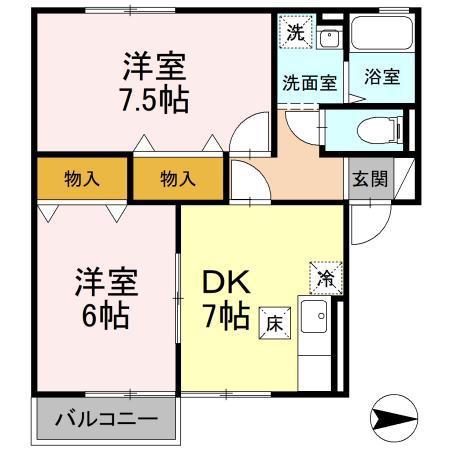 カメリーヒルズ(2DK/1階)の間取り写真