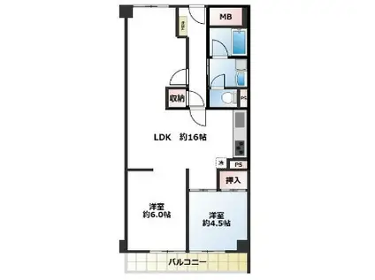 ユニハイツ朝霧(2LDK/4階)の間取り写真