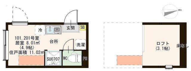 ＪＲ総武線 亀戸駅 徒歩9分 2階建 築3年(ワンルーム/2階)の間取り写真