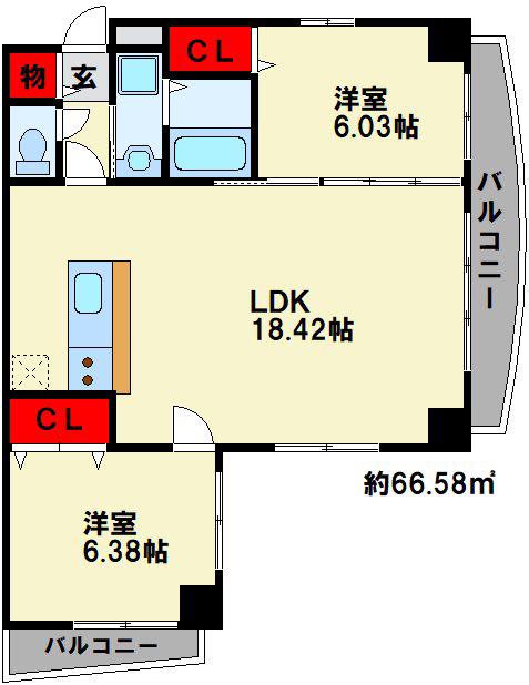 クロスコート門司港(2LDK/4階)の間取り写真
