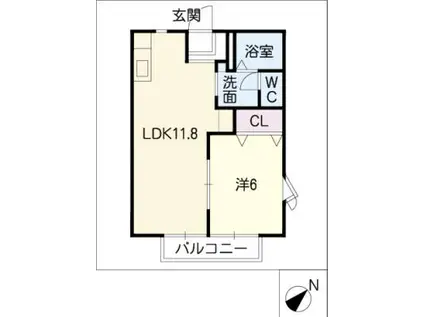 ソシア城下 B棟(1LDK/2階)の間取り写真