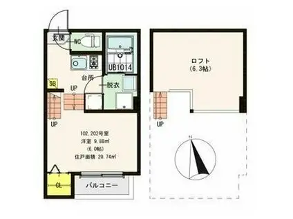 ハーモニーテラス南小泉(1K/2階)の間取り写真