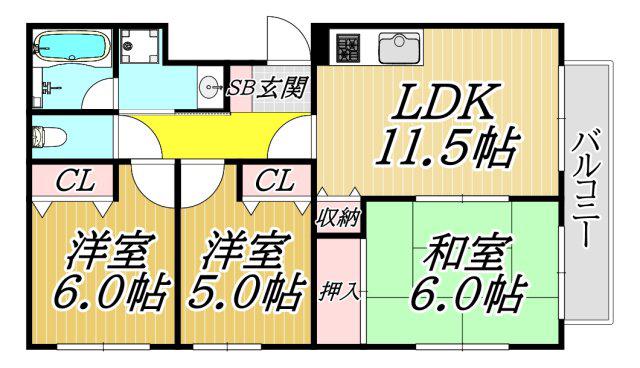 クレール桜ヶ丘(3LDK/1階)の間取り写真