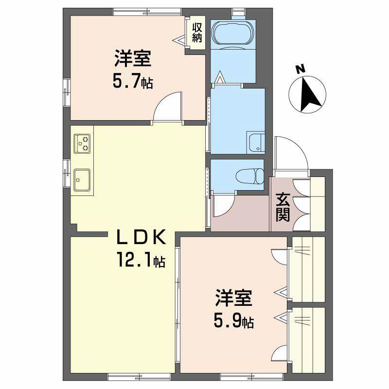 キャッスルヒルズB棟(2LDK/1階)の間取り写真