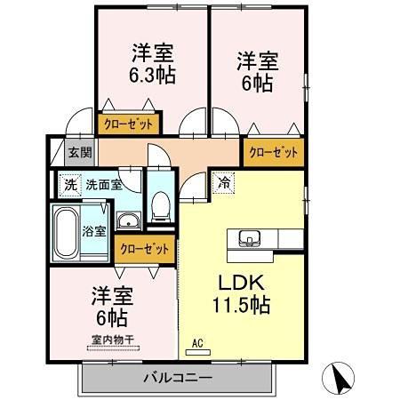 リビングタウン岩国D(3LDK/2階)の間取り写真