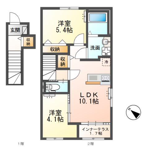 つくば市大角豆アパート(2LDK/2階)の間取り写真
