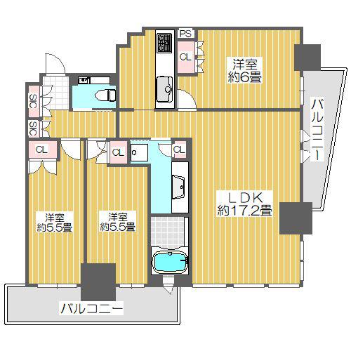 リバーガーデンタワー上町台筆ヶ崎(3LDK/18階)の間取り写真