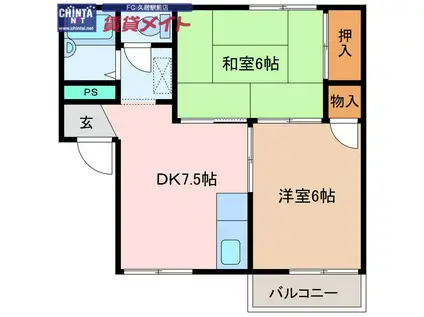 コーポジョイフルトロワ C(2DK/2階)の間取り写真