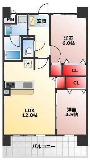 フェリスシエロ堺(2LDK/7階)の間取り写真