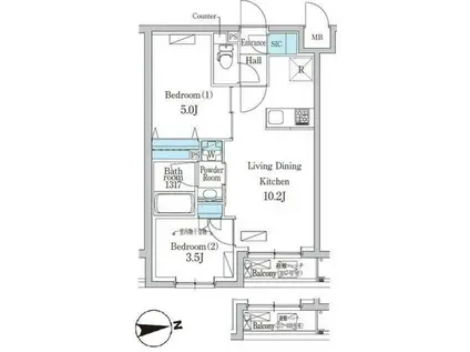 デュオフラッツ千歳船橋(2LDK/4階)の間取り写真