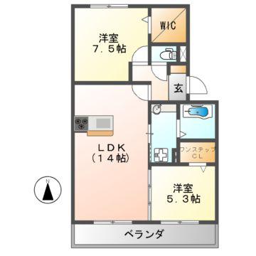 パルコートリバーサイド(2LDK/2階)の間取り写真
