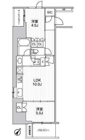 ワーブ横浜伊勢佐木町(2LDK/9階)の間取り写真
