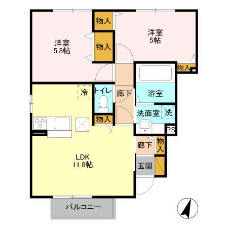 モン・ボー・ソレイユF(2LDK/1階)の間取り写真