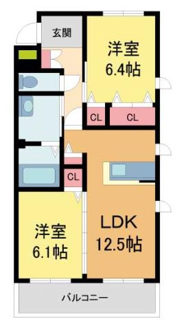 ベレオ宝塚 B棟(2LDK/2階)の間取り写真