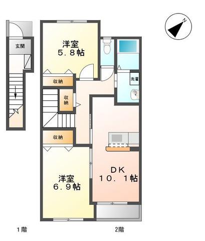 2階のお部屋で陽当り良好(2LDK/2階)の間取り写真