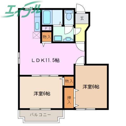 シャト-ブランII(2LDK/1階)の間取り写真