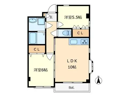 クレスコート国立(2LDK/2階)の間取り写真
