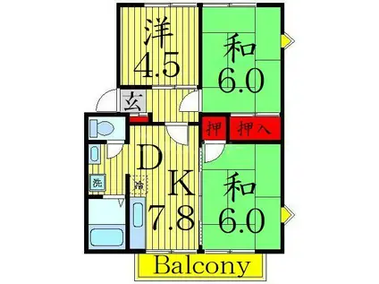 一ツ家ウェーブタウン 8号棟(3DK/1階)の間取り写真