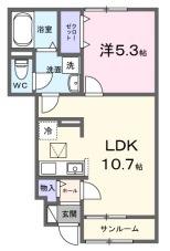 カーサヴィゴ鴨方(1LDK/1階)の間取り写真