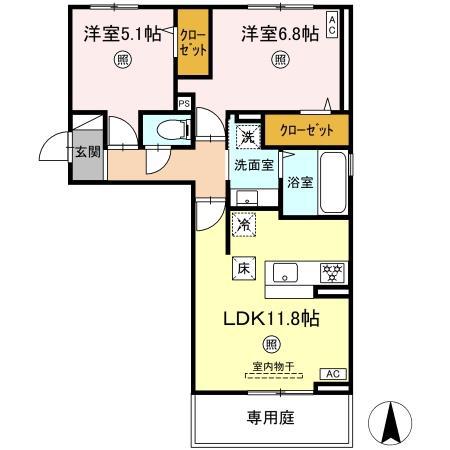 トリシア野多目I(2LDK/1階)の間取り写真