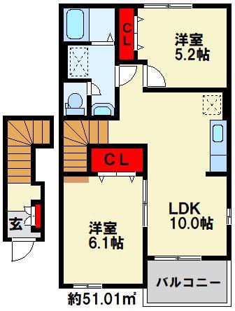 ボヌール美夜古泉B棟(2LDK/2階)の間取り写真