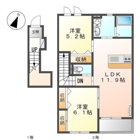 アイリス一ツ木II(2LDK/2階)の間取り写真