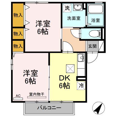 アンソレーヌ B棟(2DK/1階)の間取り写真