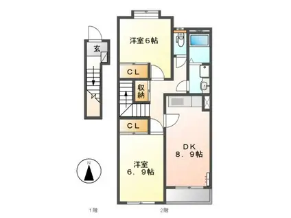 エルヴェ南小向A(2DK/2階)の間取り写真
