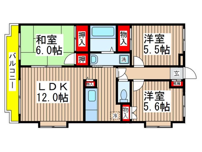 サンライズヒル朝日ヶ丘B棟(3LDK/1階)の間取り写真