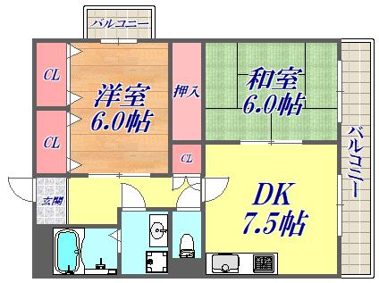 グレイスコート武庫之荘(2DK/3階)の間取り写真