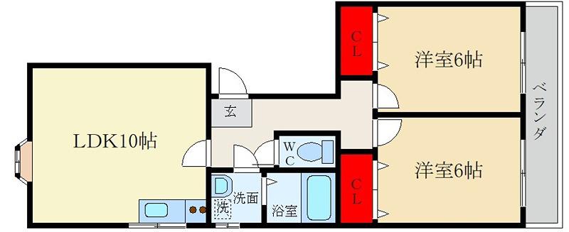 シャンテー香里ヶ丘4(2LDK/1階)の間取り写真
